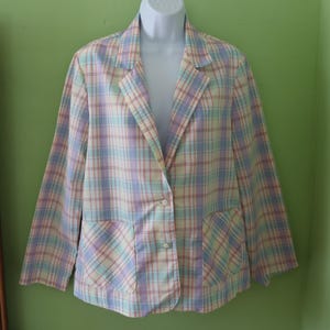 80s Pastel Plaid Boxy Blazer- Vintage Plaid Summer Jacket -  Pretty cover-up for a casual evening or sunny day; easy beach cover-up