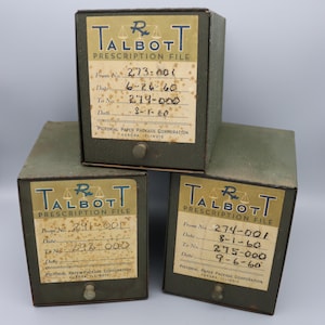Peut inclure: Trois classeurs de prescription en métal vert avec des étiquettes qui incluent le texte "TALBOT PRESCRIPTION FILE" et les plages de dates pour chaque classeur. Les étiquettes incluent également le nom de la société, "PICTORIAL PAPER PACKAGE CORPORATION, AURORA, ILLINOIS".