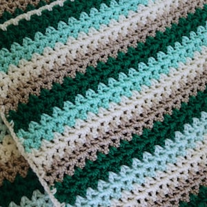 Aqua, Beige, White, and Green Stripe Crochet Afghan or Throw - Vintage Grandma Core or Cottage Core Throw or Afghan - Housewarming Gift