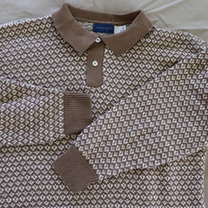 80s/90s Men&#39;s Geometric Print Sweater - Vintage Pullover Cotton Blend Sweater Made in USA - Tan Collared Sweater Large X-Tall