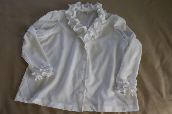 Silky White Blouse with Ruffled V-Neck and Long S… - image 4