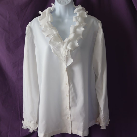 Silky White Blouse with Ruffled V-Neck and Long S… - image 2