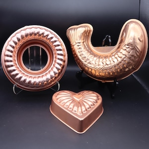 Vintage Jell-O-mallen - Hart Jell-O Mold - Vis Jell-O Mold - Ring Jell-O - Vintage koperkleurige aluminiumgelatine- of voedselvormen met hanger