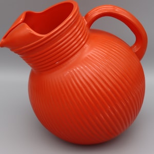 1950s/60s Bright Orange Pitcher - Mid Century Orange Ribbed Glass Pitcher for Drinks by Hazel Atlas Glass-Vintage Pitcher for Orange Kitchen