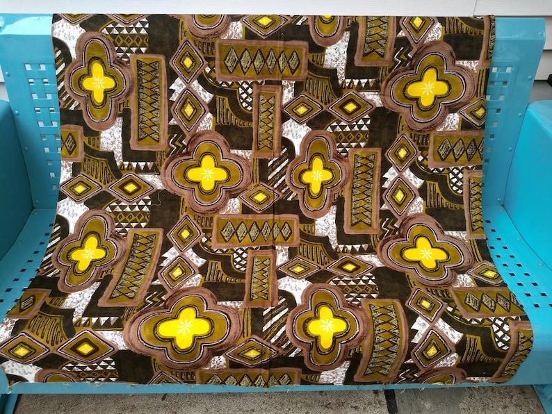 olives yellow Vintage Barkcloth; abstract pattern in browns