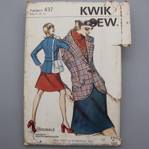 May include: Vintage Kwik Sew pattern 437 featuring illustrations of women's fashion. The cover art depicts a woman in a plaid blazer and another in a blue jacket and red skirt. The pattern is for sizes 8-10-12.