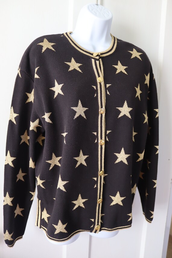 Black and Gold Star Cardigan Sweater - Black Cott… - image 1