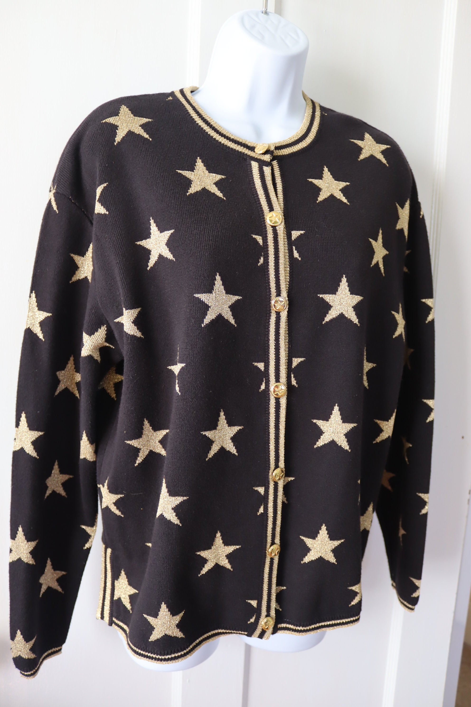 Black and Gold Star Cardigan Sweater Black Cotton Blend Cardigan Sweater With Glittering Gold Stars Sparkle Gold Star Sweater Etsy Canada