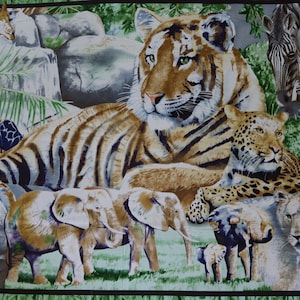 Jungle Animal Fabric Panel with Tiger, Leopard, Giraffe, Elephants, Rhino, Zebras, and Lion - African Animal Fabric Panel  - Safari Animals