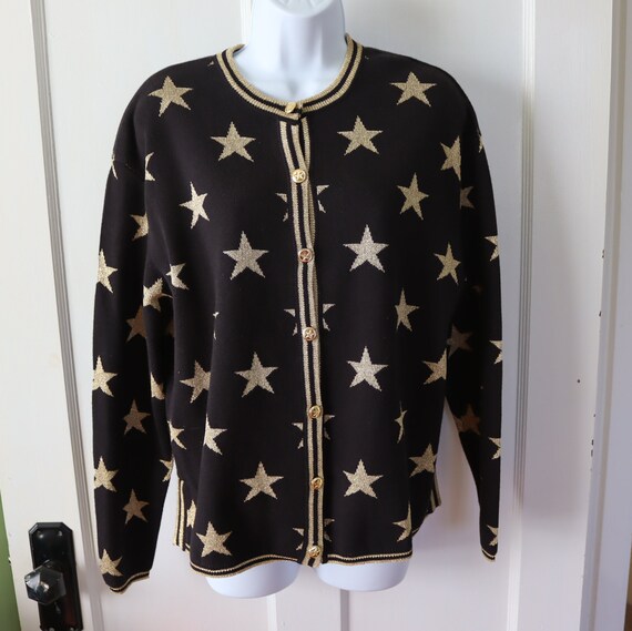 Black and Gold Star Cardigan Sweater - Black Cott… - image 2