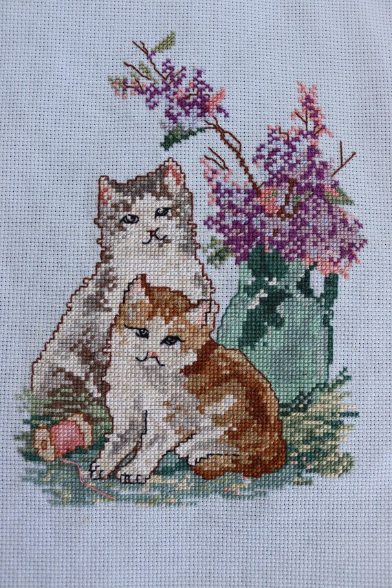 Finished Calico Cat Embroidery - Vintage Completed Counted Cross