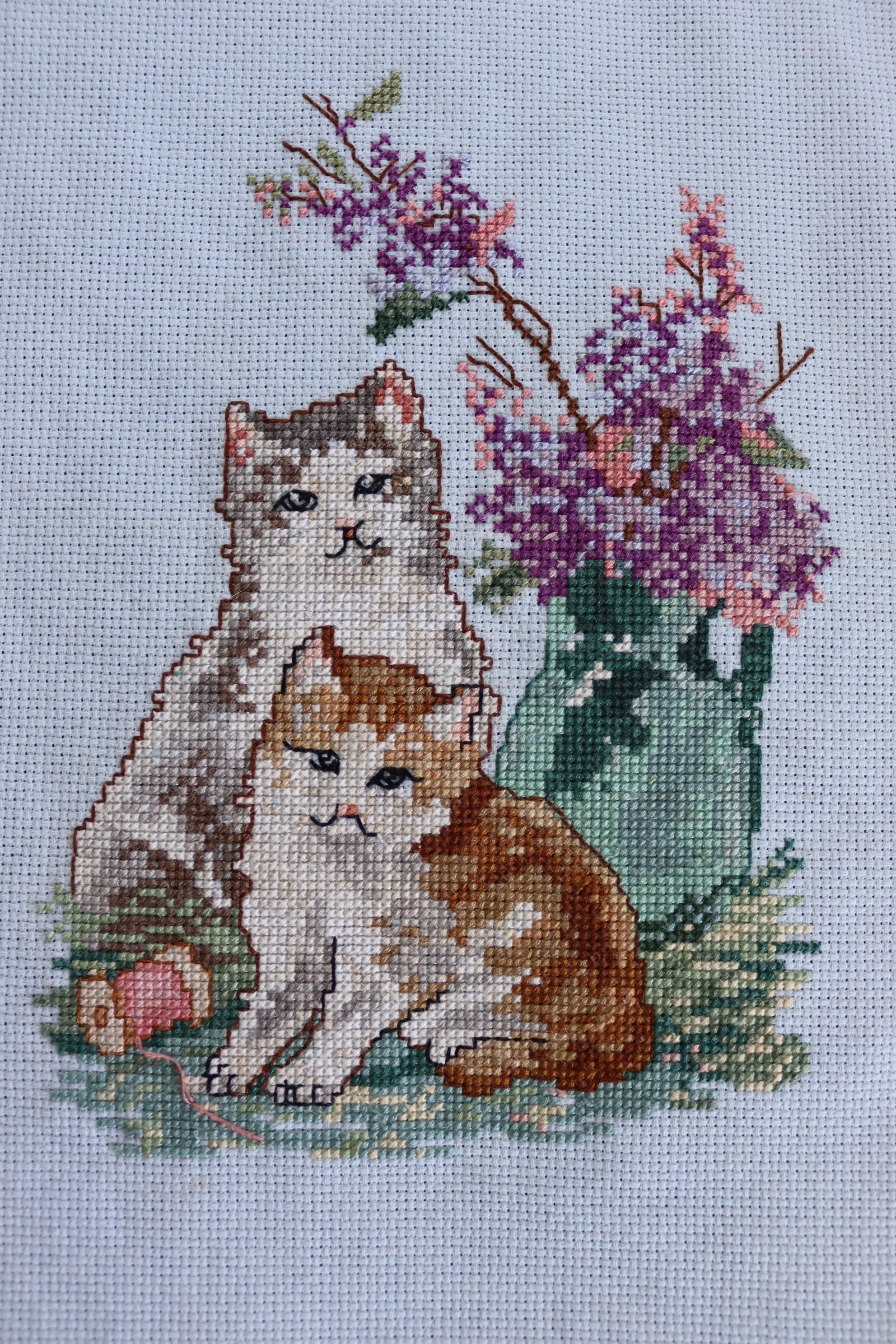 Finished Calico Cat Embroidery - Vintage Completed Counted Cross