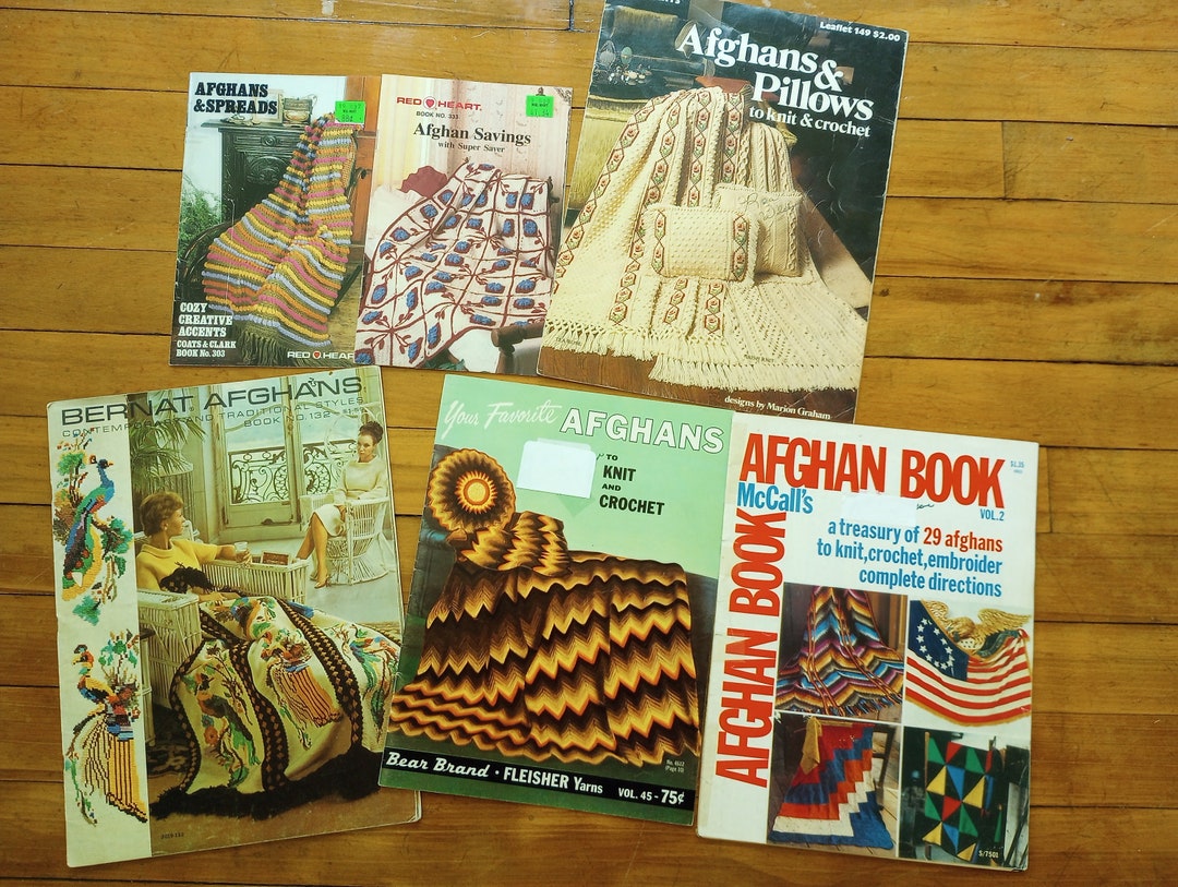 5 Afghan or Throw Crochet and Knit Pattern Books; Vintage Afghan Crochet  and Knit Pattern Books