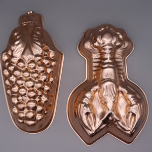 Moldes de gelatina de cobre vintage: molde de gelatina de langosta o molde de gelatina de uvas; moldes de gelatina o alimentos de aluminio color cobre para gelatina navideña.