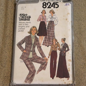 May include: Vintage Simplicity sewing pattern 8245, featuring illustrations of women's blouses, pants, skirts, and an unlined jacket. The pattern includes multiple lengths for skirts and pants. The cover has the text "GO EVERY WHERE".