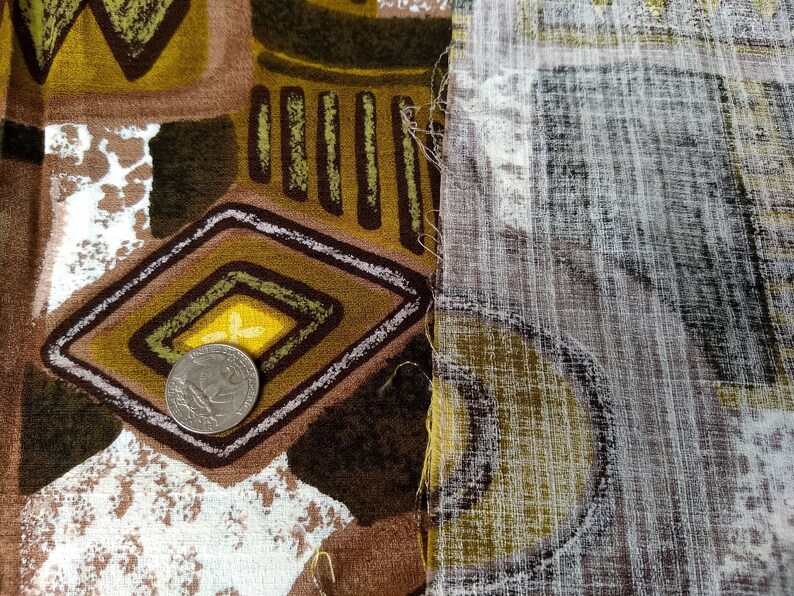 olives yellow Vintage Barkcloth; abstract pattern in browns