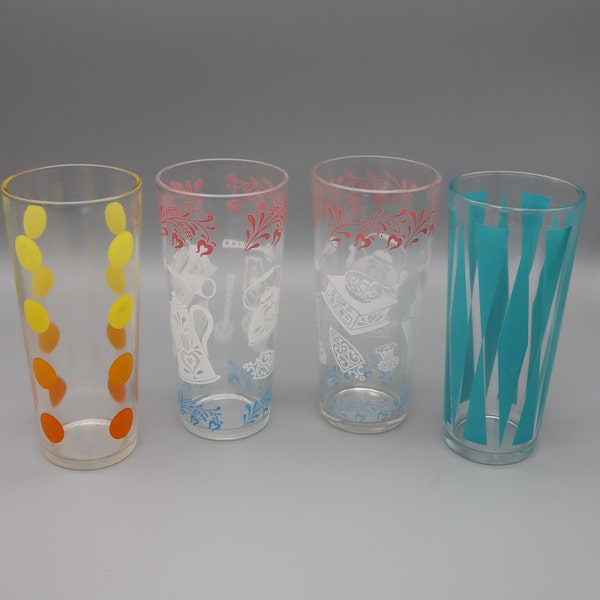 Set of 4 Vintage Drinking Glasses - 50s/60s/70s Cocktail Glasses - Turquoise, Bright Dots, Pink/White/Blue Drinking Glasses