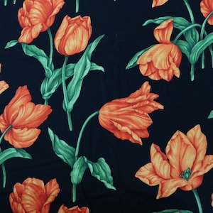 Orange Tulips on Black Cotton Fabric - bright orange and black floral fabric - retro 40&#39;s style fabric for clothing, decorating, quilting