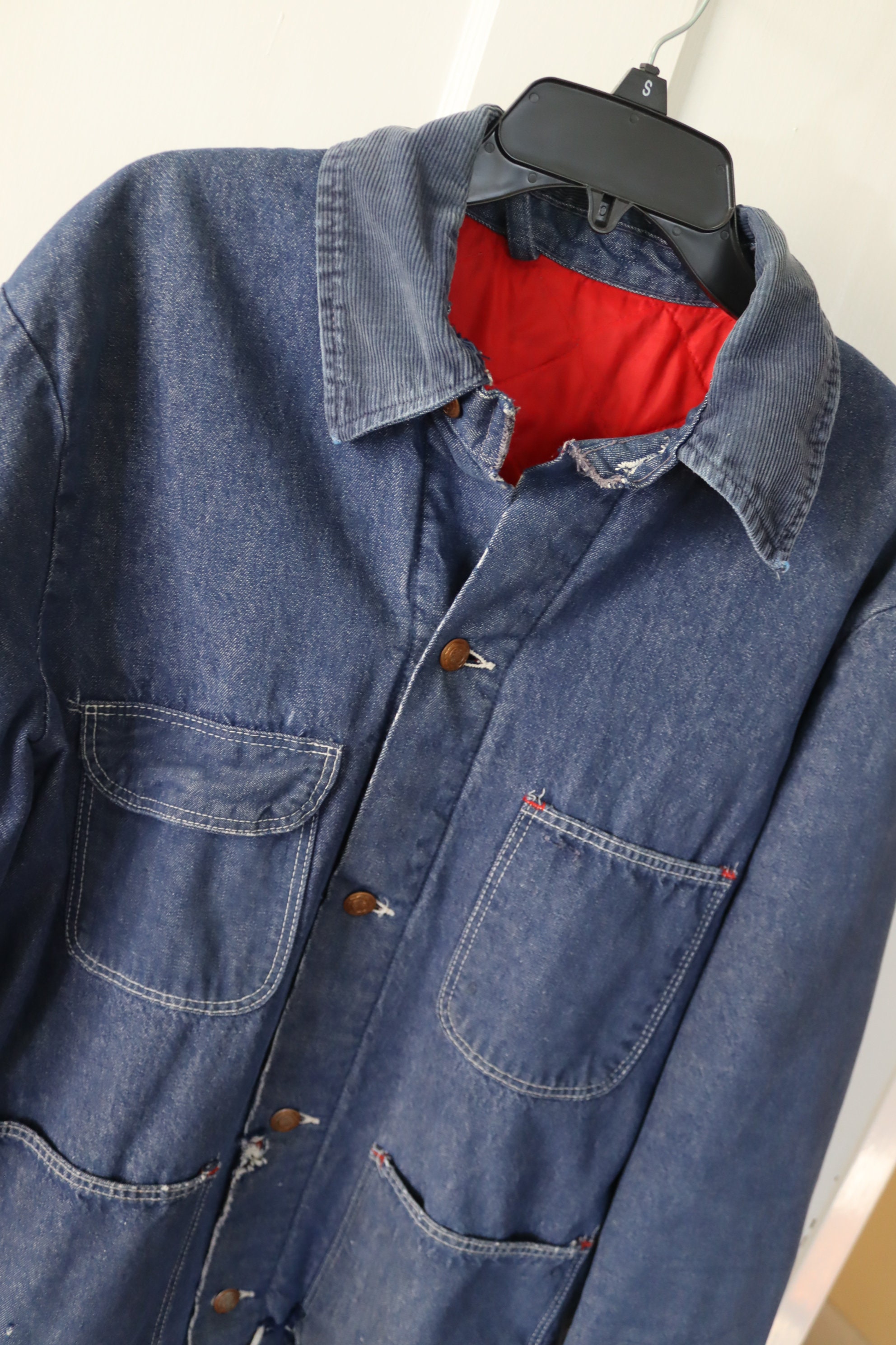 Vintage Denim Work Jacket With Red Lining and Corduroy Collar Vintage Denim Work Jacket With Red Lining and Corduroy Collar