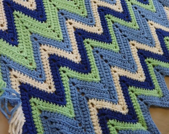 Blue and Green Zig Zag Afghan or Throw from 1980s/1990s