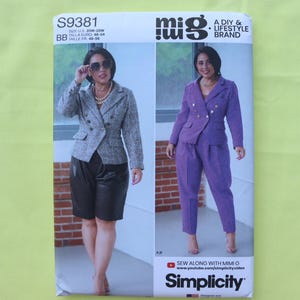 May include: A Simplicity sewing pattern package showing two women's suit designs. One woman is wearing a grey blazer with black shorts, and the other is in a purple suit. The package includes the text "S9381" and "A DIY & LIFESTYLE BRAND."