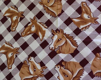 Maroon, Beige, Brown Horse Quilt Fabric - Horse Racing cotton fabric - Kentucky Thoroughbred Race Horse Fabric - Plaid Horse Fabric