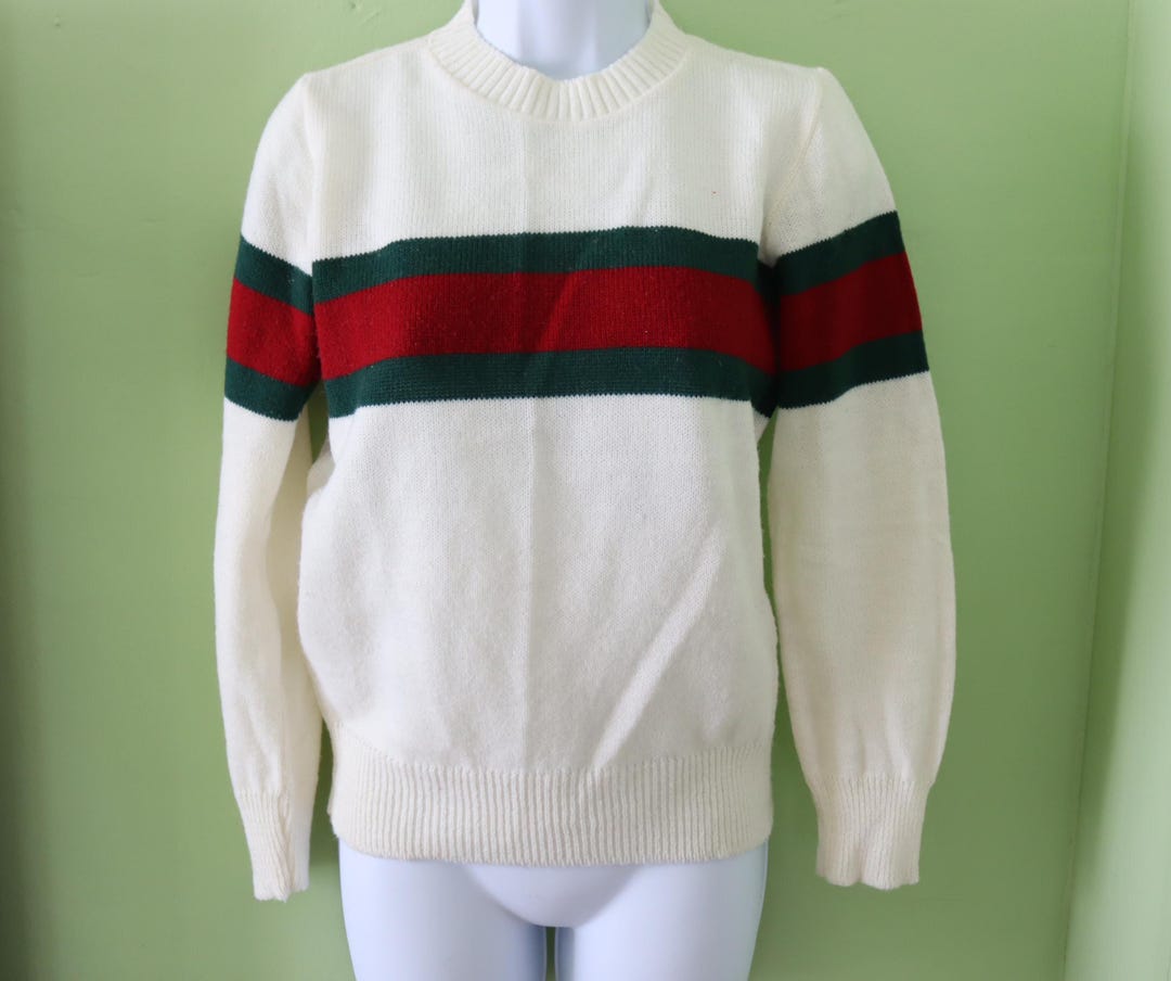 70s/80s Wrangler Crewneck Sweater with Stripes - Vintage Ivory Sweater with green and red stripe Made in USA