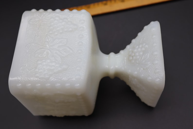 Vintage Milk Glass Pedestal Vases - Grapes Milk Glass Vase, Eight-Sided Milk Glass Pedestal Vase, Moon and Stars Milk Glass Pedestal Bowl C. Square grapes