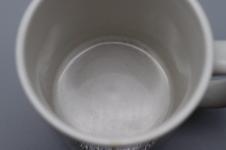 May include: A close-up shot of the inside of a white ceramic mug. The interior is smooth and slightly reflective, with a subtle gradient of light and shadow. The mug has a handle on the right side.