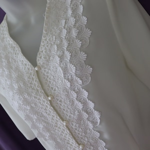 Silky Ivory No-tuck Blouse with Lace V-Neck and Short Sleeves - No-tuck ivory office or suit blouse with V-Neck Lace Front
