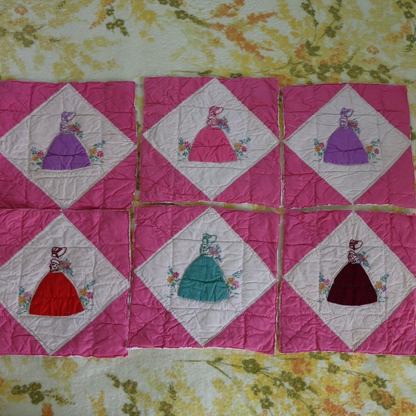 Vintage Sunbonnet Sue Quilt Blocks - Appliqued, Embroidered and Hand-quilted Bonnie Bonnet Quilt Blocks