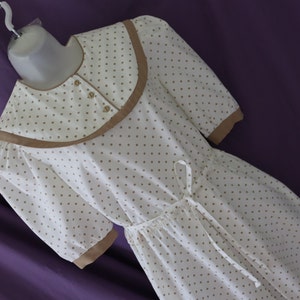 1980s Dotted Midi Dress - Vintage White Dotted Office Dress - Vintage White and Beige Polka Dot  Dress for your retro style