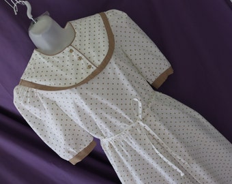 1980s Dotted Midi Dress - Vintage White Dotted Office Dress - Vintage White and Beige Polka Dot  Dress for your retro style