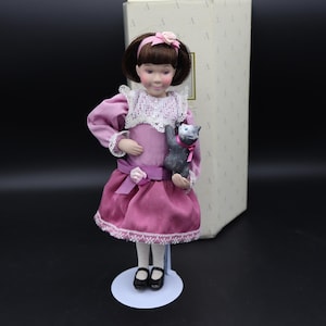 1993 Avon Collectible Kitty Love Porcelain Doll - Pretty Pink China Doll with Cat from Avon Childhood Dreams Collection in original box