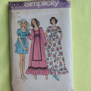70s Dress Pattern - Vintage Prairie Dress Pattern - Gunne-Sax Style Pattern for long or short dress full ruffled skirt, Simplicity 6036