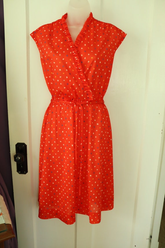 Bright Red Print Wrap-Style Vintage Dress