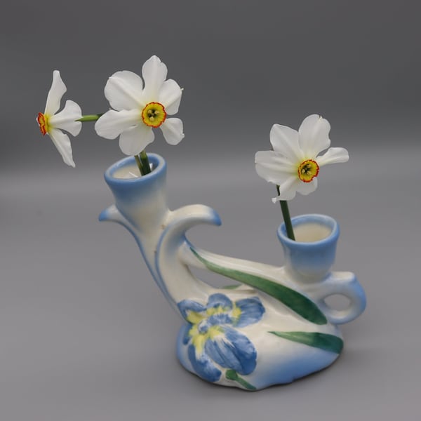 Camark Pottery Blue Iris Candlestick holder or bud vase # 692 - Pretty Blue Irises Double Candlestick Holder or Bud Vase