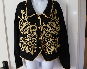 Vintage Black and Gold Cardigan Sweater for Special Occasions - 80s/90s Cotton Blend Black Embroidered Sweater - Black Short Blazer Sweater