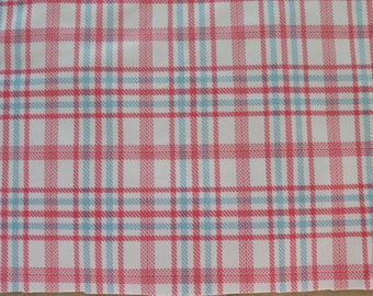 Tela de punto doble a cuadros rosa, azul y blanco de los años 70 - Tejido de punto doble de poliéster a cuadros vintage para ropa retro o patchwork