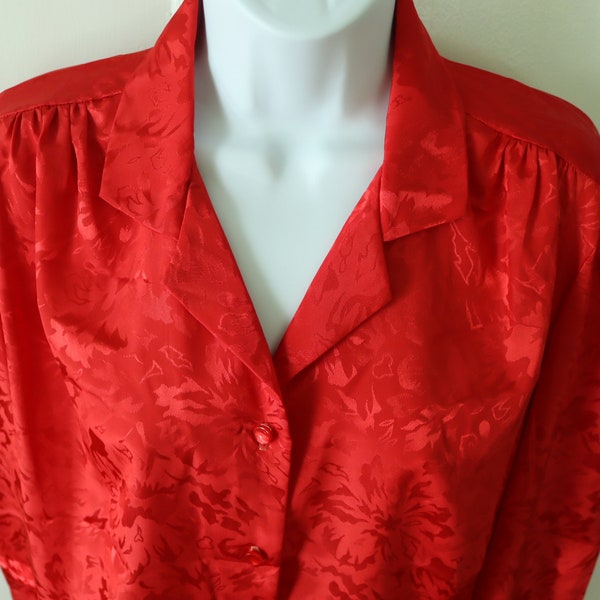 Silky Button-up Red Office Blouse from 70s/80s  - Made in USA