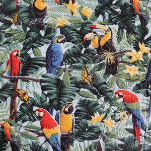 Parrot, Toucan, Macaw, Tropical Bird Fabric -  Tropical Birds in the Jungle Cotton Fabric - Wings of Paradise Parrot Fabric