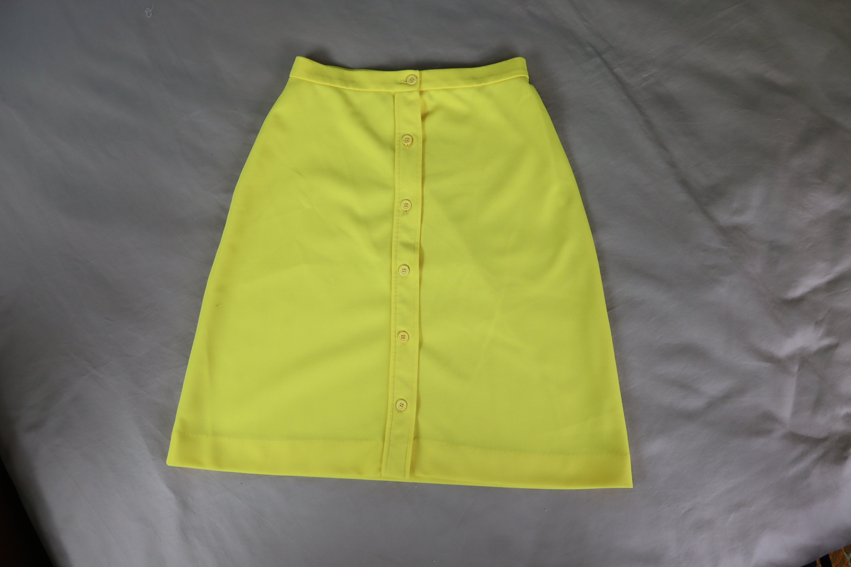 60s/70s Bright Yellow Double Knit Skirt - Groovy Yellow Button Front Skirt - Vintage Polyester Knit Yellow A-Line Skirt