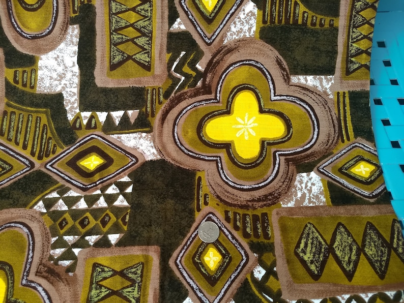 olives yellow Vintage Barkcloth; abstract pattern in browns