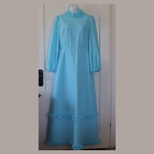 60s/70s Turquoise Party Dress, Prom Dress, Long Dress - Vintage Aqua Maxi Dress with ruffles - Long-sleeve turquoise special occasion dress