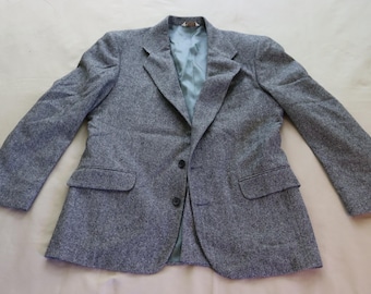 Vintage 80s Herringbone Tweed Sport Coat - Marine Blue Wool Blend