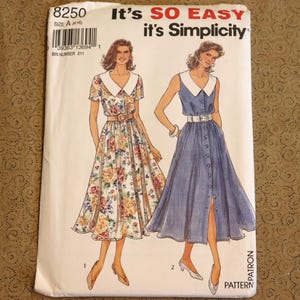 May include: A vintage sewing pattern titled "It's SO EASY it's Simplicity" featuring illustrations of two button-down dresses. One dress is floral, the other is denim. The pattern number is 8250.