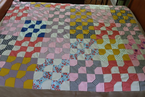 1970s Polyester Double Knit Afghan or Quilt Top - Vintage 70s 