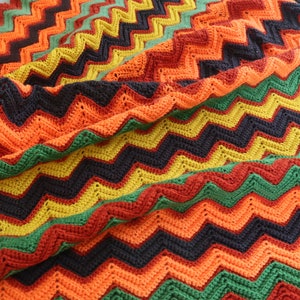 Zigzag Crochet Afghan / Throw from 1970s in Harvest Colors - orange, gold, brown, rust, avocado green