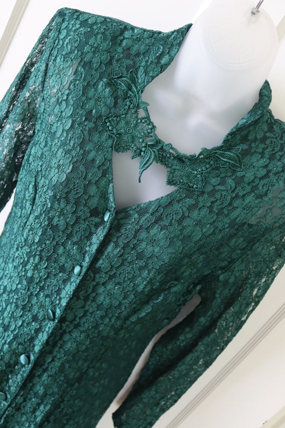 Green Lace Dress with Button Front, Long Sleeves, 
