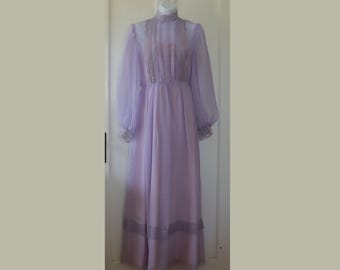 70s Purple Chiffon Maxi Dress, Long Dress, Prom Dress, Party Dress - Lavender Chiffon and Lace Party Dress - Chiffon Long Sleeve Long Dress